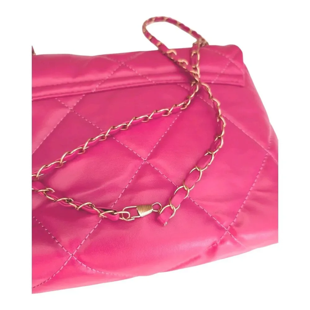 Pink Quilted Pattern Shoulder Crossbody Purse With Metal Decor Chain Strap